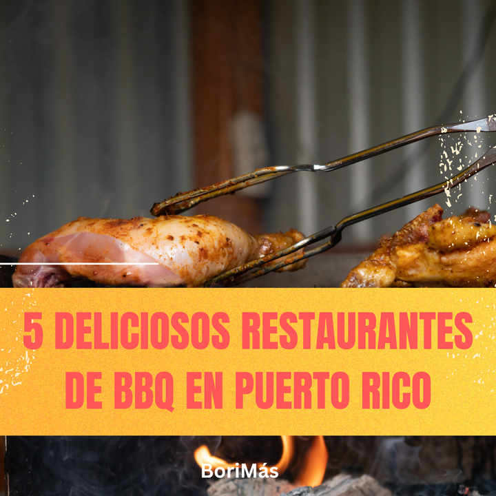 Dos carnes cocinándose en la barbacoa, detrás del titulo del articulo: 5 deliciosos restaurantes de BBQ en Puerto Rico.